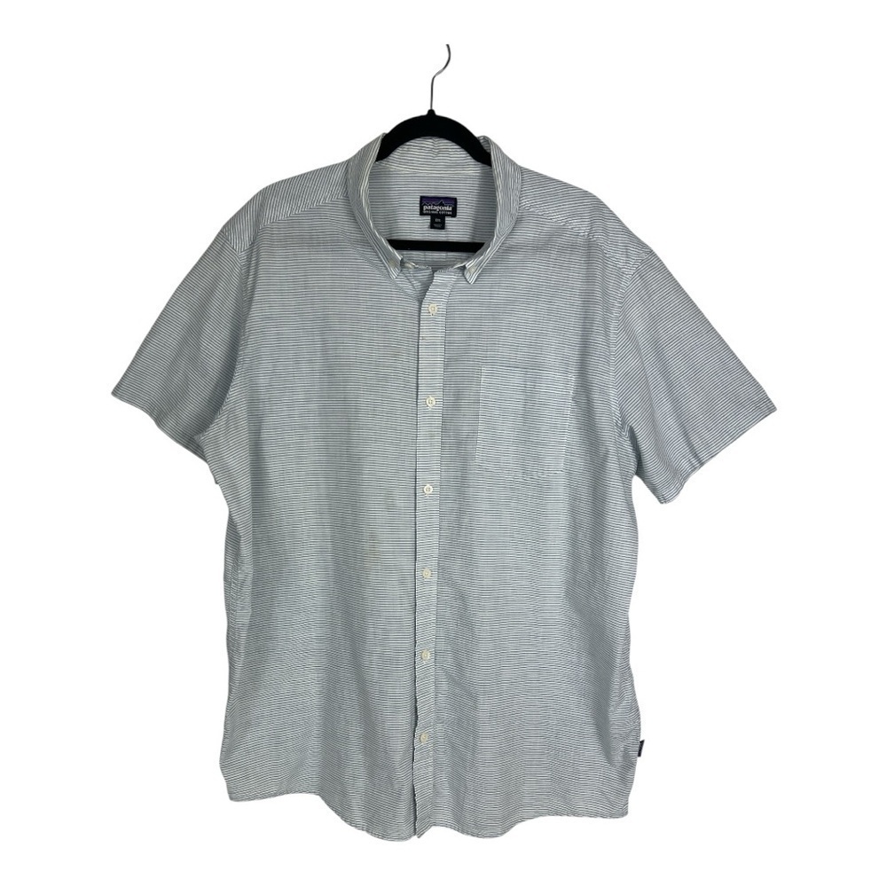 Patagonia Sz XXL Organic Cotton Blend Short Sleeve Blue/White Button Down Shirt